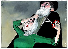 A political cartoon of a woman cutting her hair which extends into the beard of a mullah in Iran